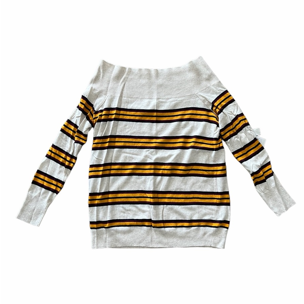 Treasure & Bond Off-Shoulder Sweater in Cream and Gold Stripes